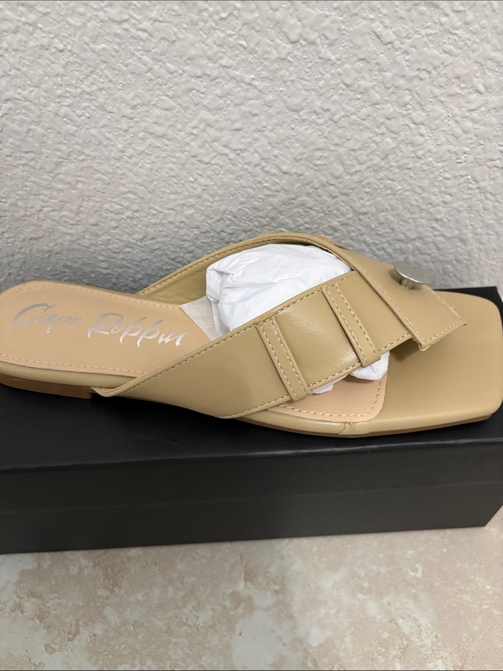Tan Slide Sandals with Buckle Detail